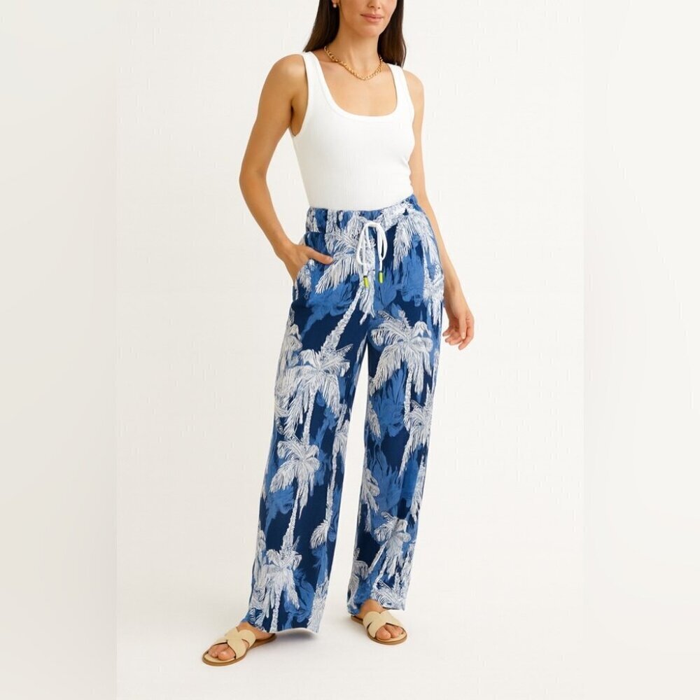 Blue Palm Print Wide Leg Pants Size M Tropical Resort Lounge Summer Relaxed Fit